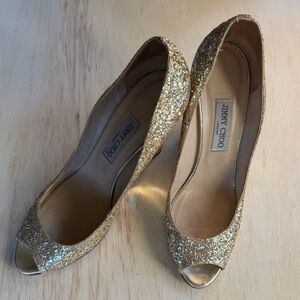 Jimmy Choo Sparkling Gold Peep Toe Heels